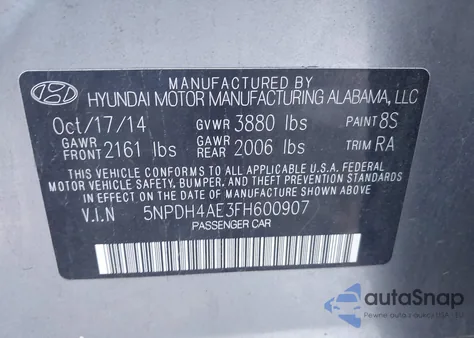 2015 Hyundai Elantra Se z USA, uszkodzony, nr VIN 5NPDH4AE3FH600907